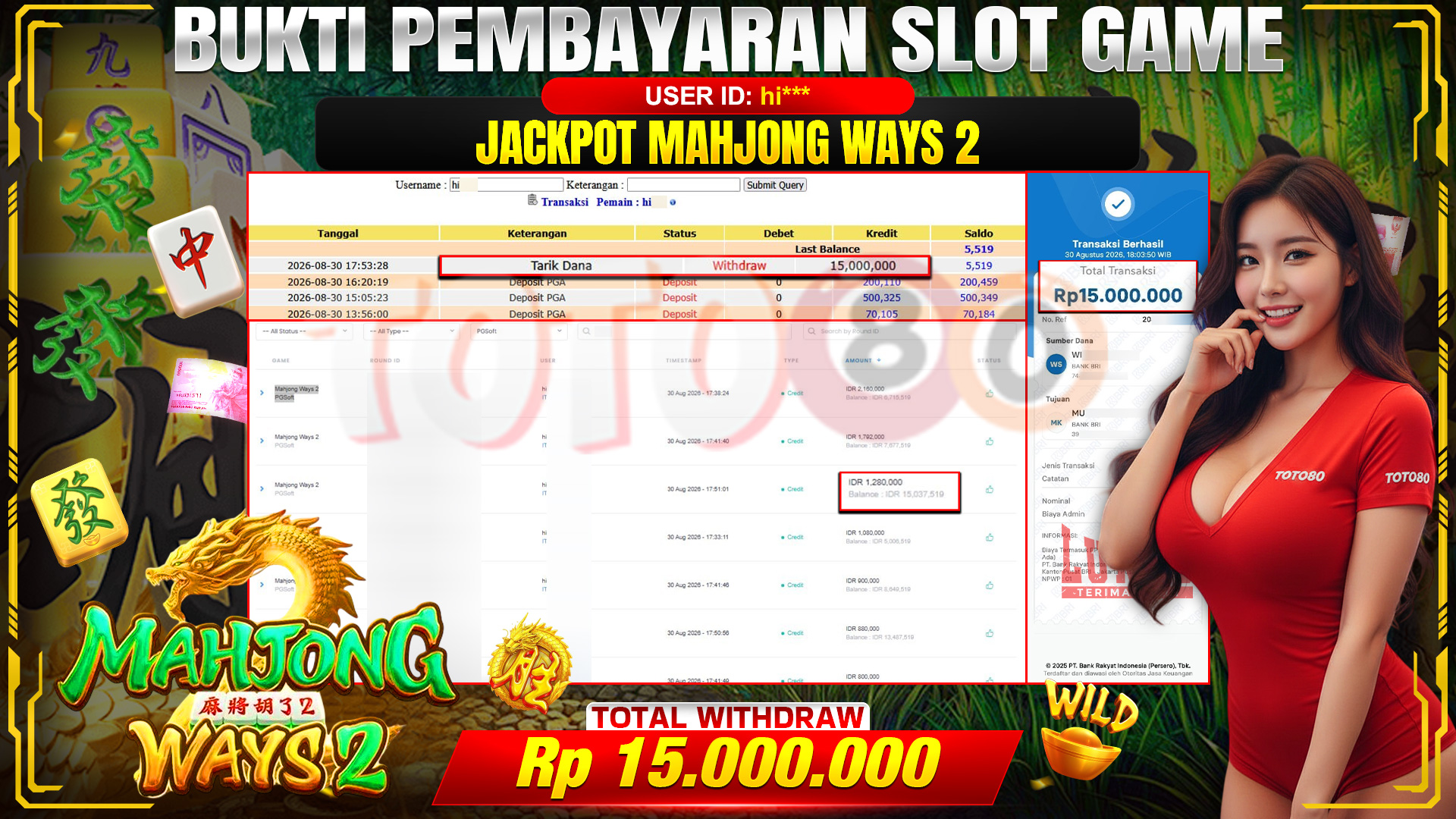 💰🎉 TOTO80 – JACKPOT SLOT MAHJONG  WAYS 2 RP. 15,000,000,-  TELAH DIBAYARKAN!💰🎉
