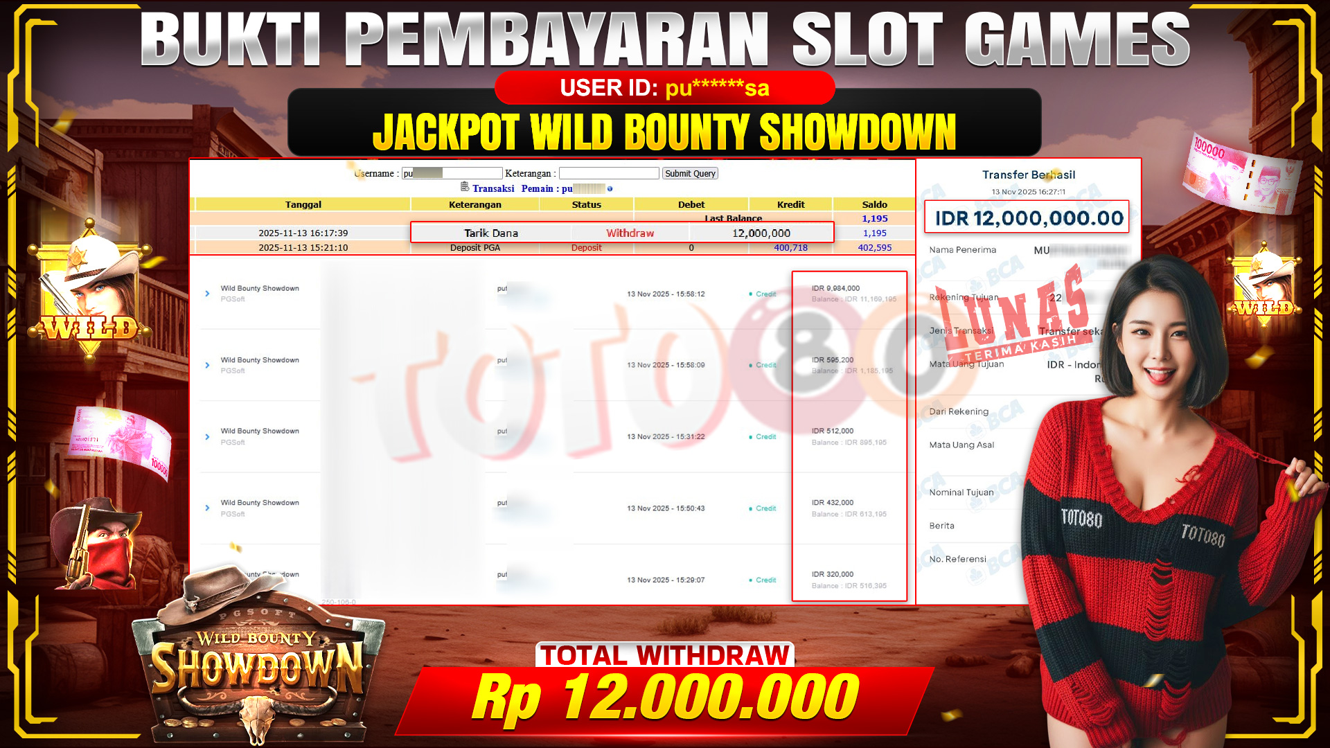 🎉 TOTO80 – JACKPOT SLOT WILD BOUNTY SHOWDOWN RP.12,000,000,- TELAH DIBAYARKAN! 🎉