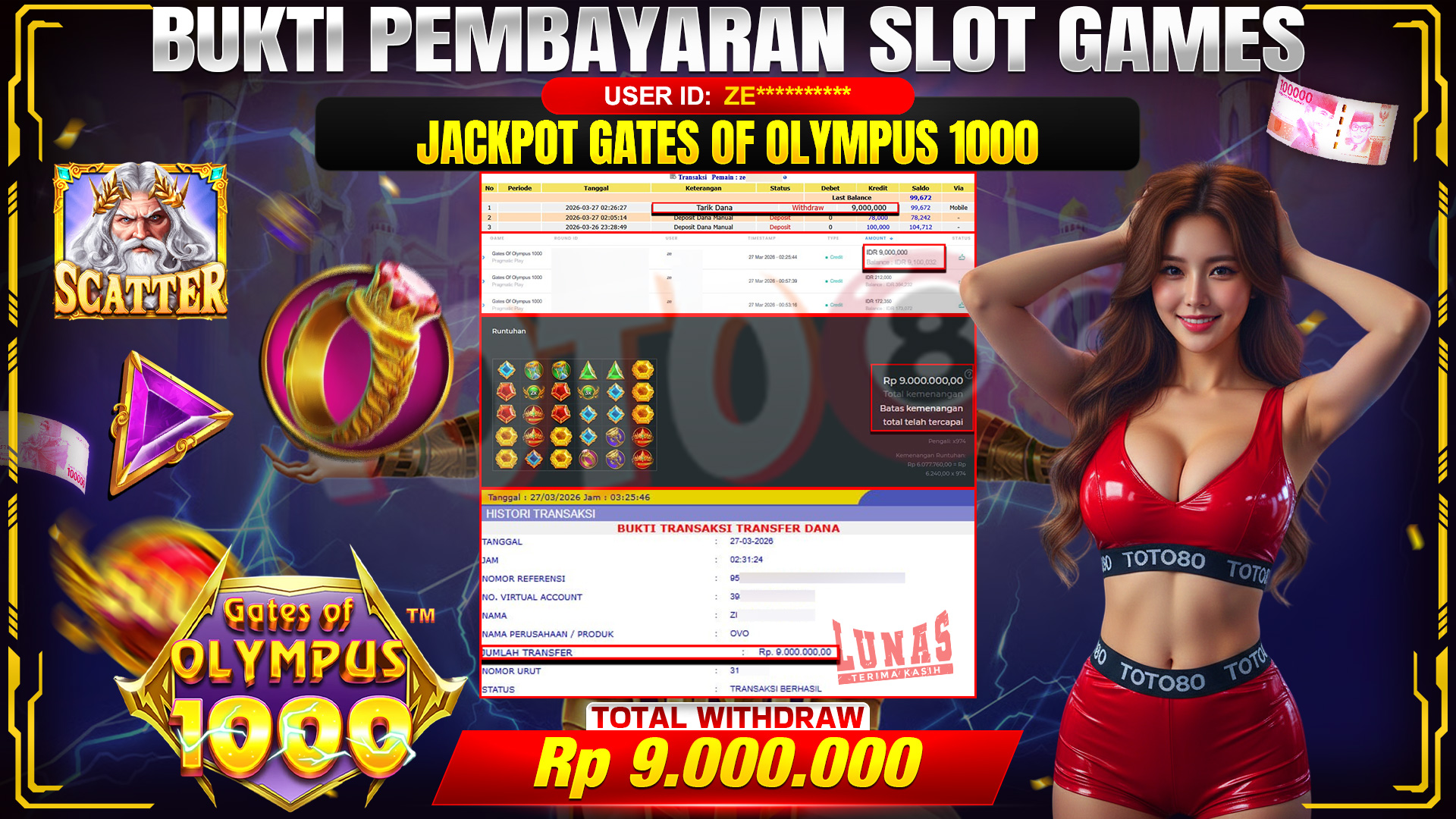💰🎉 TOTO80 – JACKPOT SLOT GATES OF OLIMPUS 1000  RP. 9,000,000,- TELAH DIBAYARKAN!💰🎉
