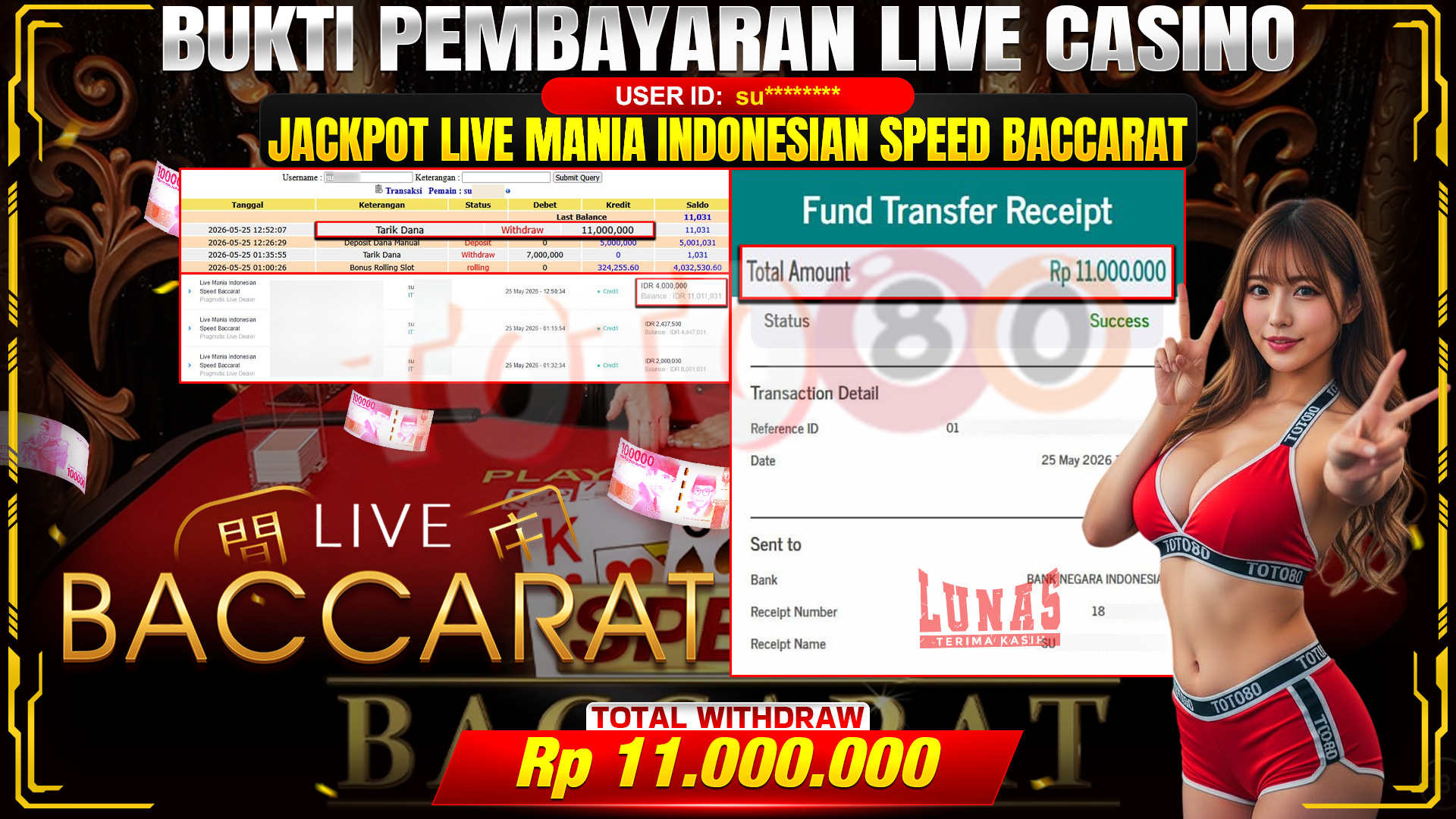💰🎉 TOTO80 – JACKPOT LIVE MANIA INDONESIA SPEED BACCARAT RP. 11,000,000,- TELAH DIBAYARKAN!💰🎉