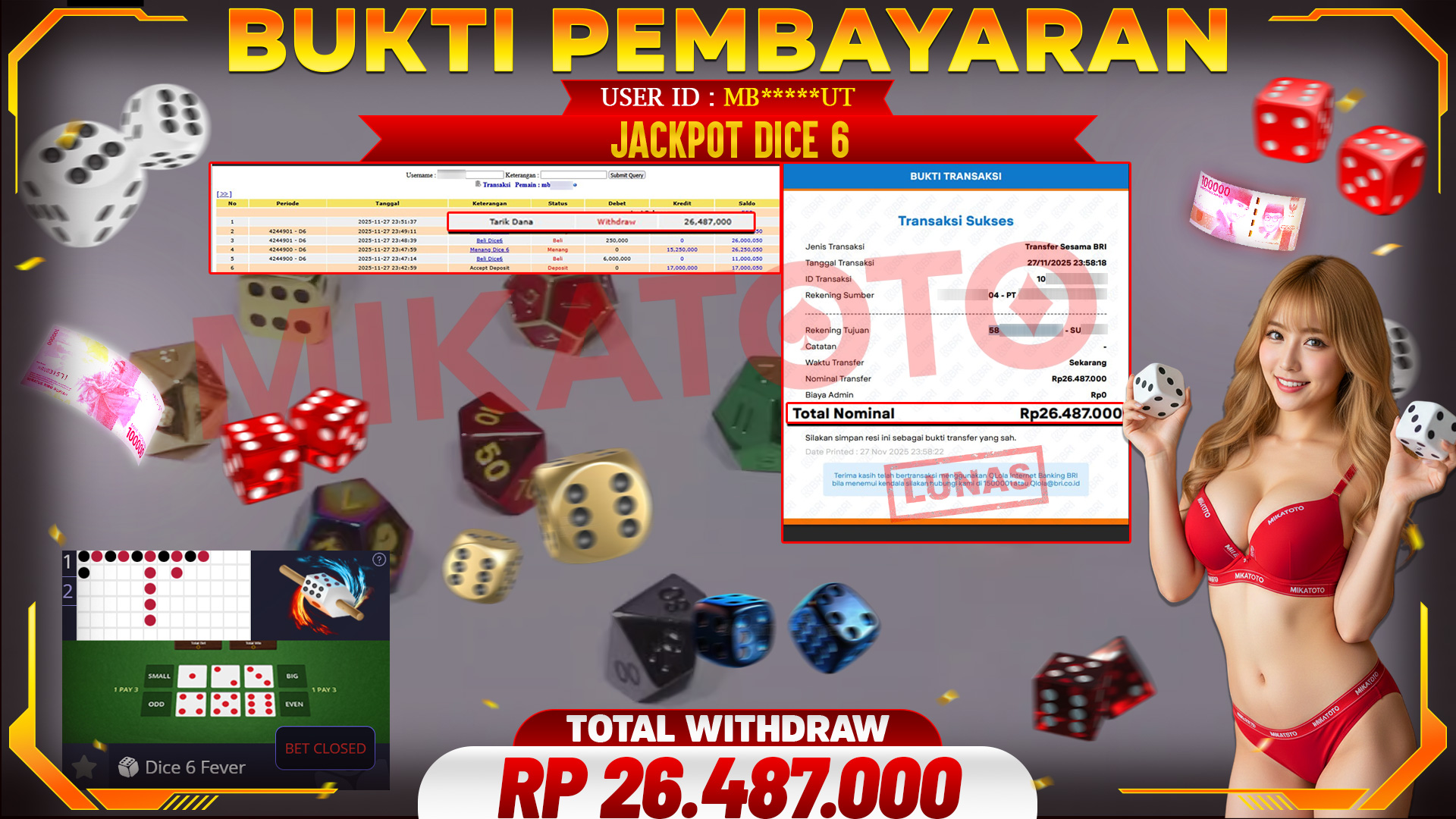 SELAMAT KEPADA PEMENANG JACKPOT DI dice 6 - Live Game 26,487,000🏆