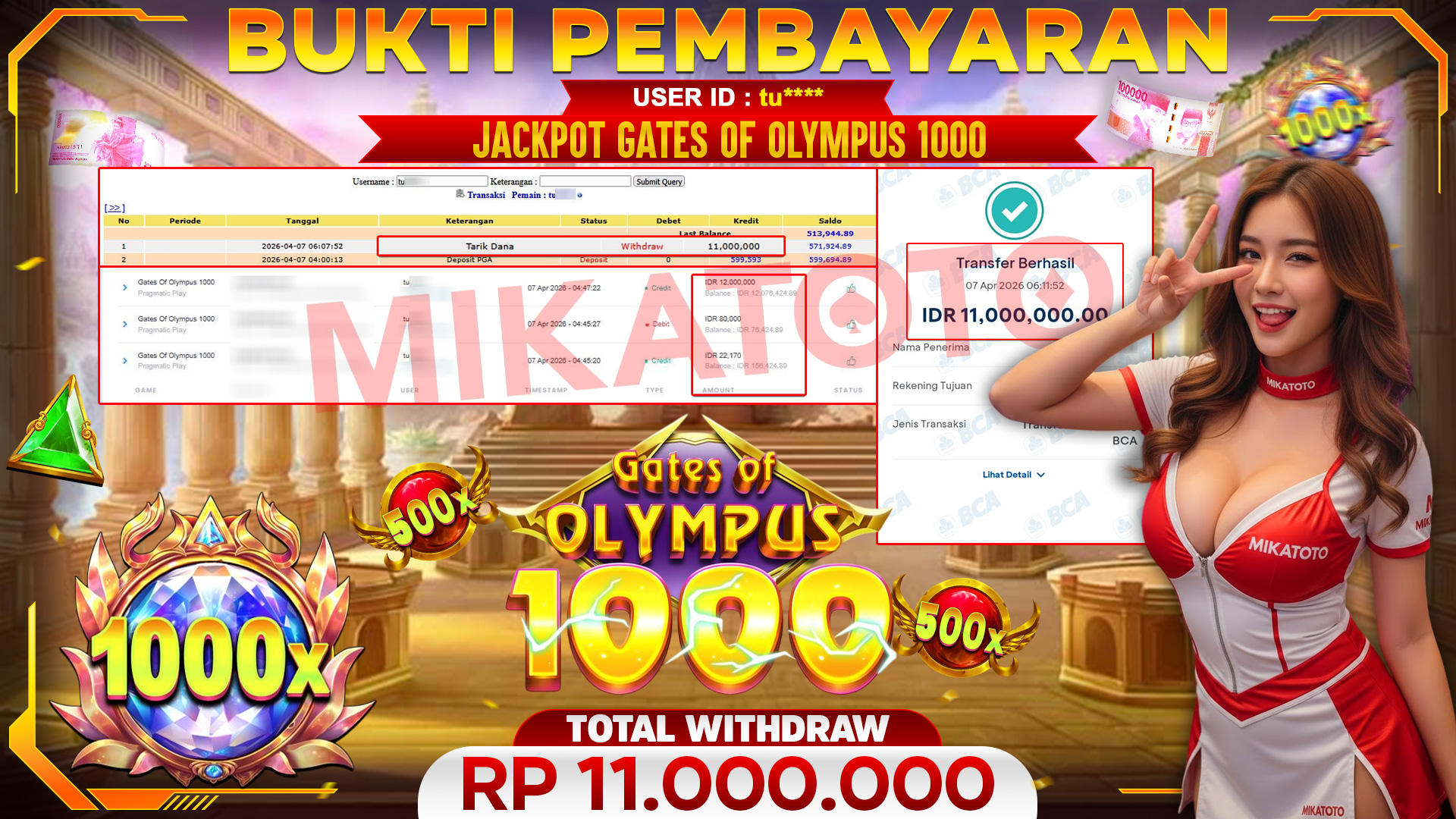 🏆 SELAMAT KEPADA PEMENANG JACKPOT DI Gates Of Olympus 1000 - Pragmatic Play 11,000,000🏆