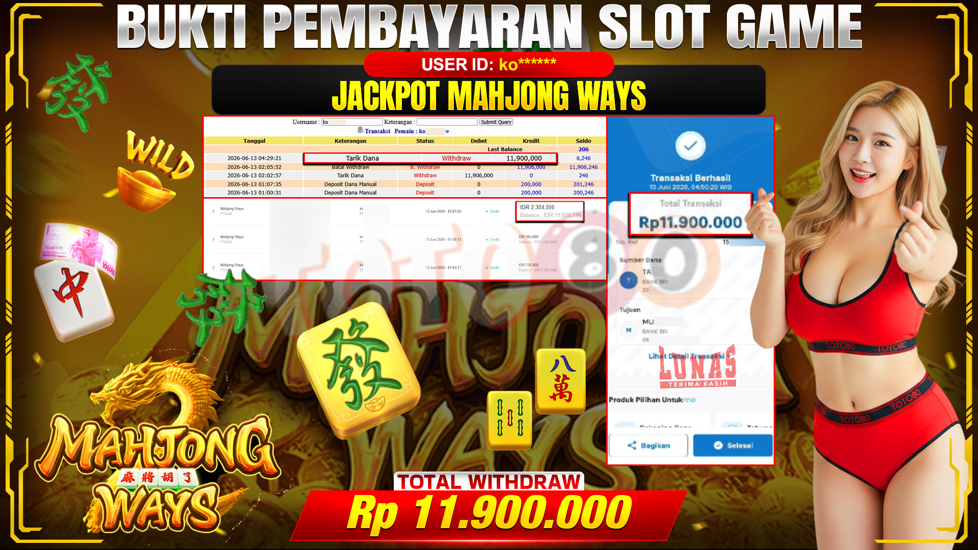 💰🎉 TOTO80 – JACKPOT SLOT MAHJONG  WAYS  RP. 11.900,000,-  TELAH DIBAYARKAN!💰🎉