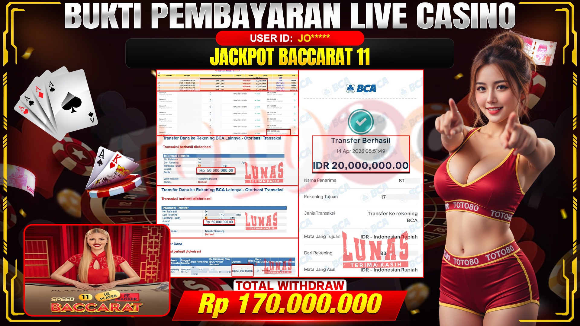 💰🎉 TOTO80 – JACKPOT  BACCARAT 11 RP.  170,000,000,-  TELAH DIBAYARKAN!💰🎉