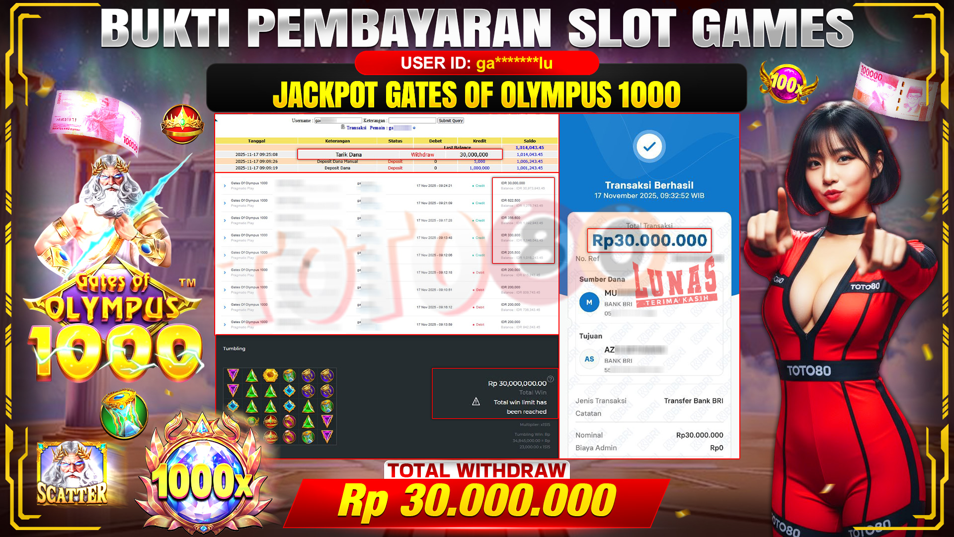 🎉 TOTO80 – JACKPOT SLOT GATES OF OLYMPUS 1000 RP.30,000,000,- TELAH DIBAYARKAN! 🎉