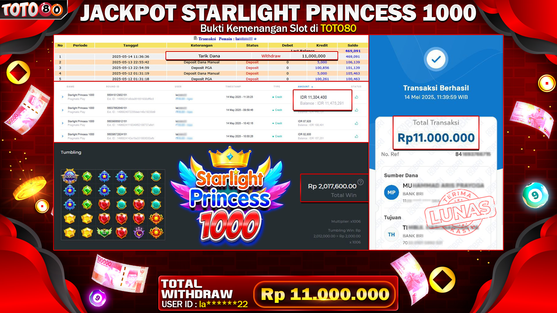 TOTO80 JACKPOT STARLIGHT PRINCES 1000 Rp.11.000.000,- LUNAS