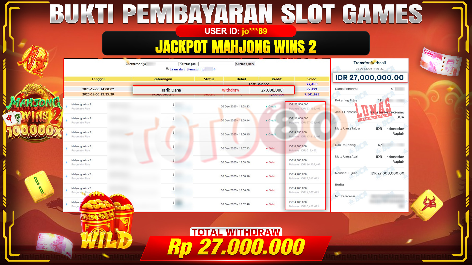 🎉 TOTO80 – JACKPOT SLOT MAHJONG WINS 2 RP. 27,000,000,- TELAH DIBAYARKAN! 🎉