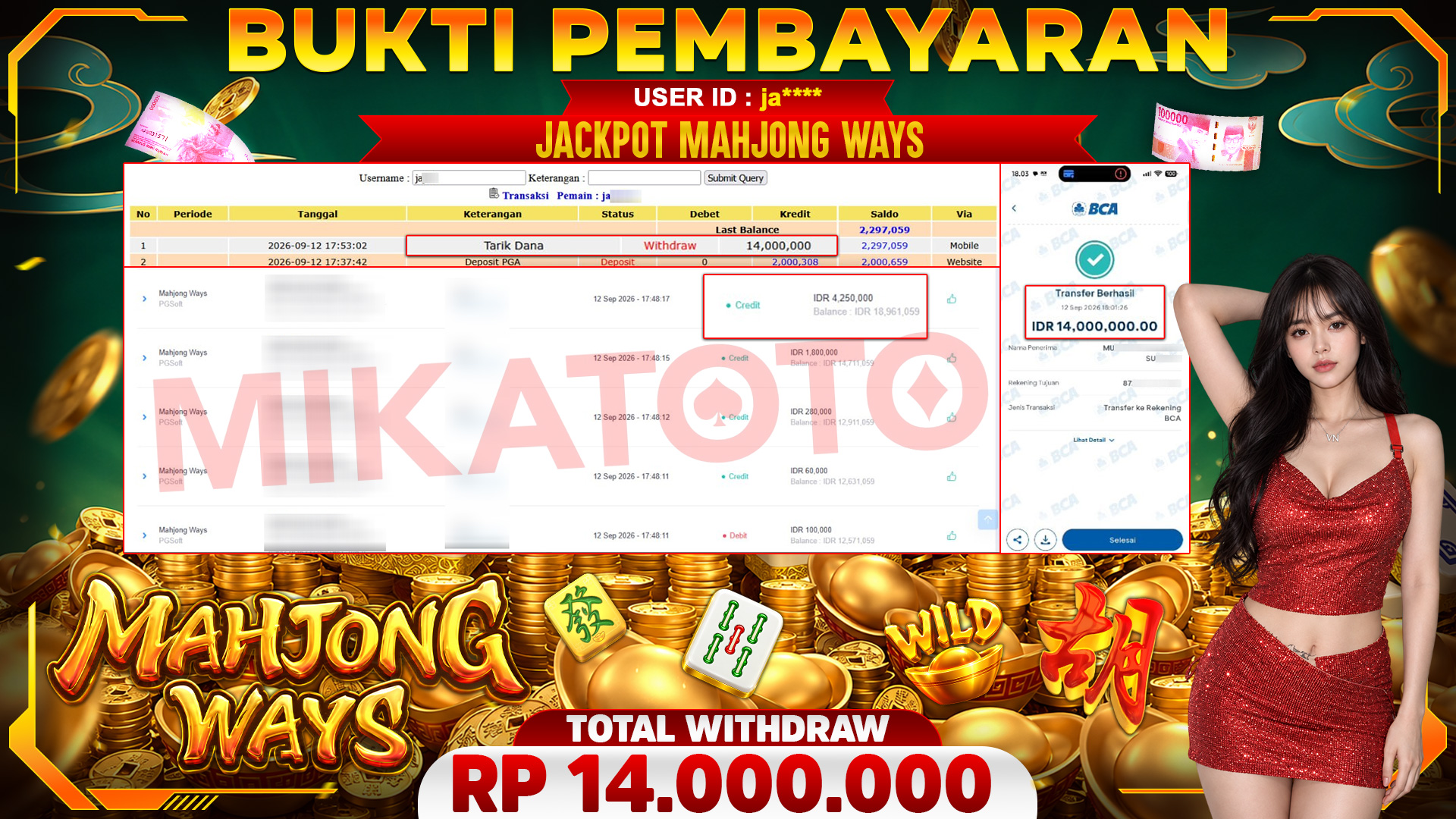 🏆 SELAMAT KEPADA PEMENANG JACKPOT DI Mahjong Ways  - PGSoft 14,000,000 🏆