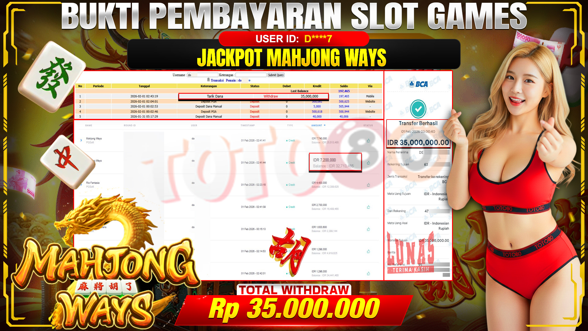🎉 TOTO80 – JACKPOT SLOT MAHJONG WAYS RP. 35,000,000,- TELAH DIBAYARKAN! 🎉