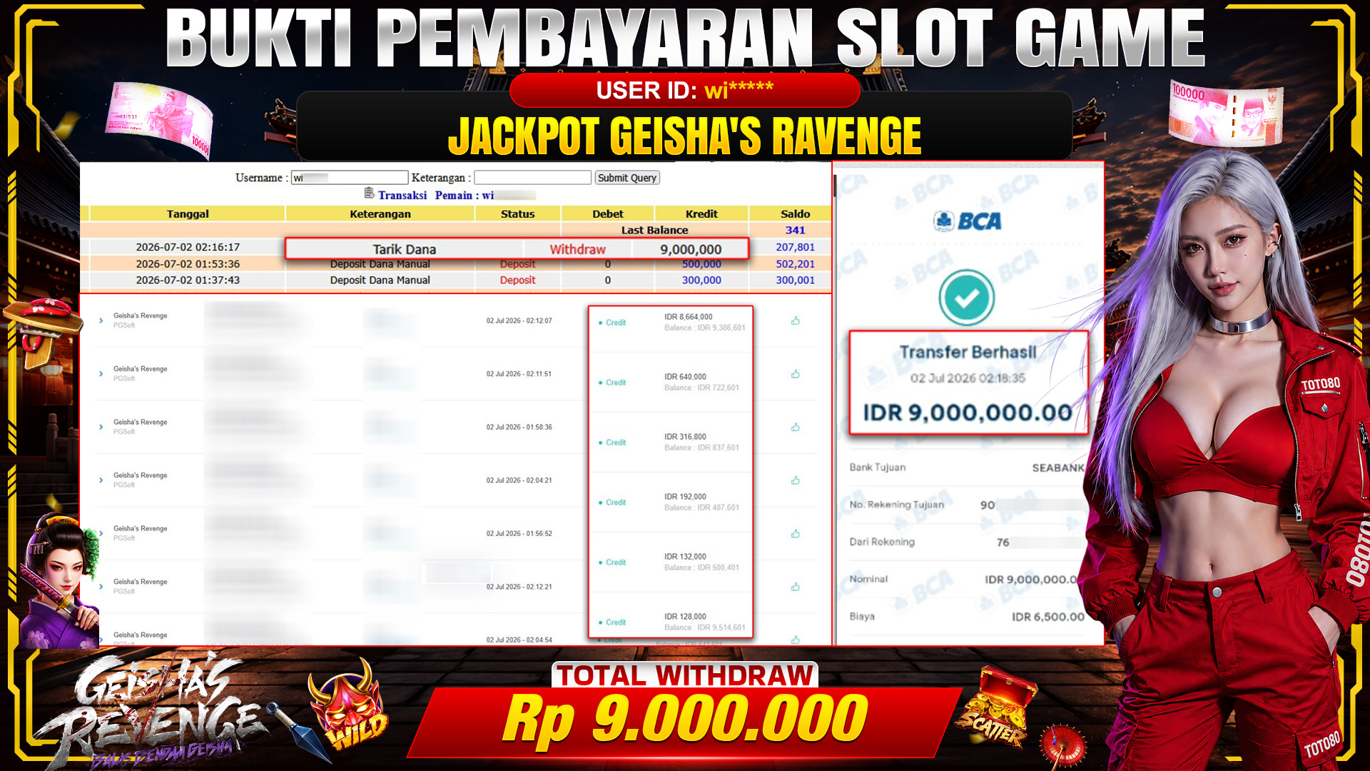 💰🎉 TOTO80 – JACKPOT GEISHA REVENGE . RP. 9,000,000,- TELAH DIBAYARKAN! 💰🎉