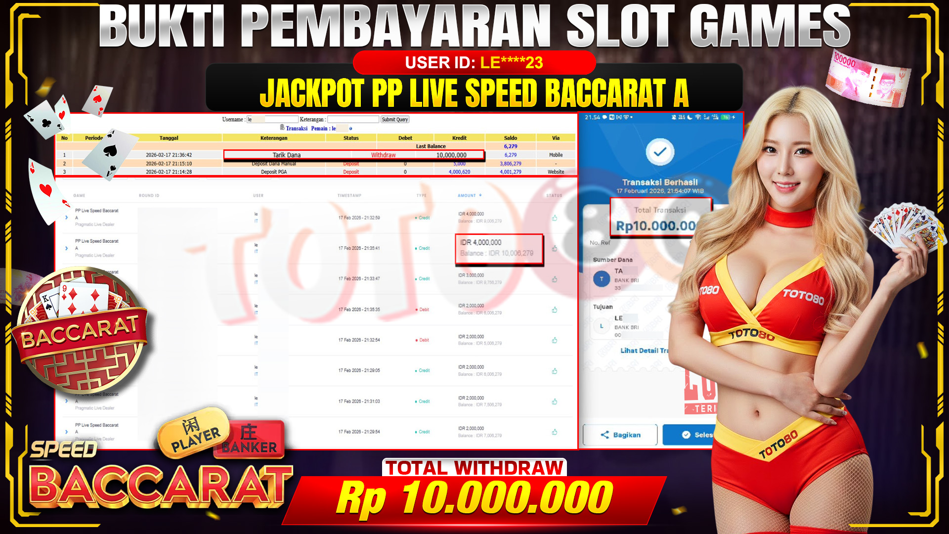 🎉 TOTO80 – JACKPOT PP LIVE SPEED BACCARAT A RP.10,000,000,- TELAH DIBAYARKAN! 🎉