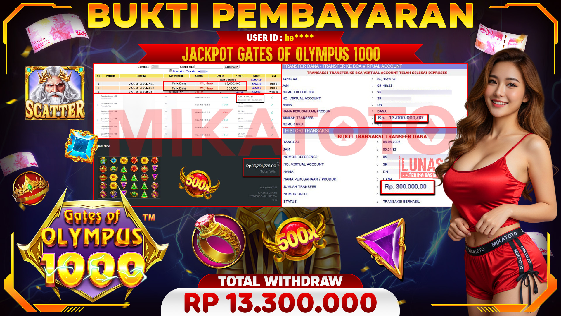 🏆 SELAMAT KEPADA PEMENANG JACKPOT DI Gates Of Olympus 1000 - Pragmatic Play 13,300.000🏆