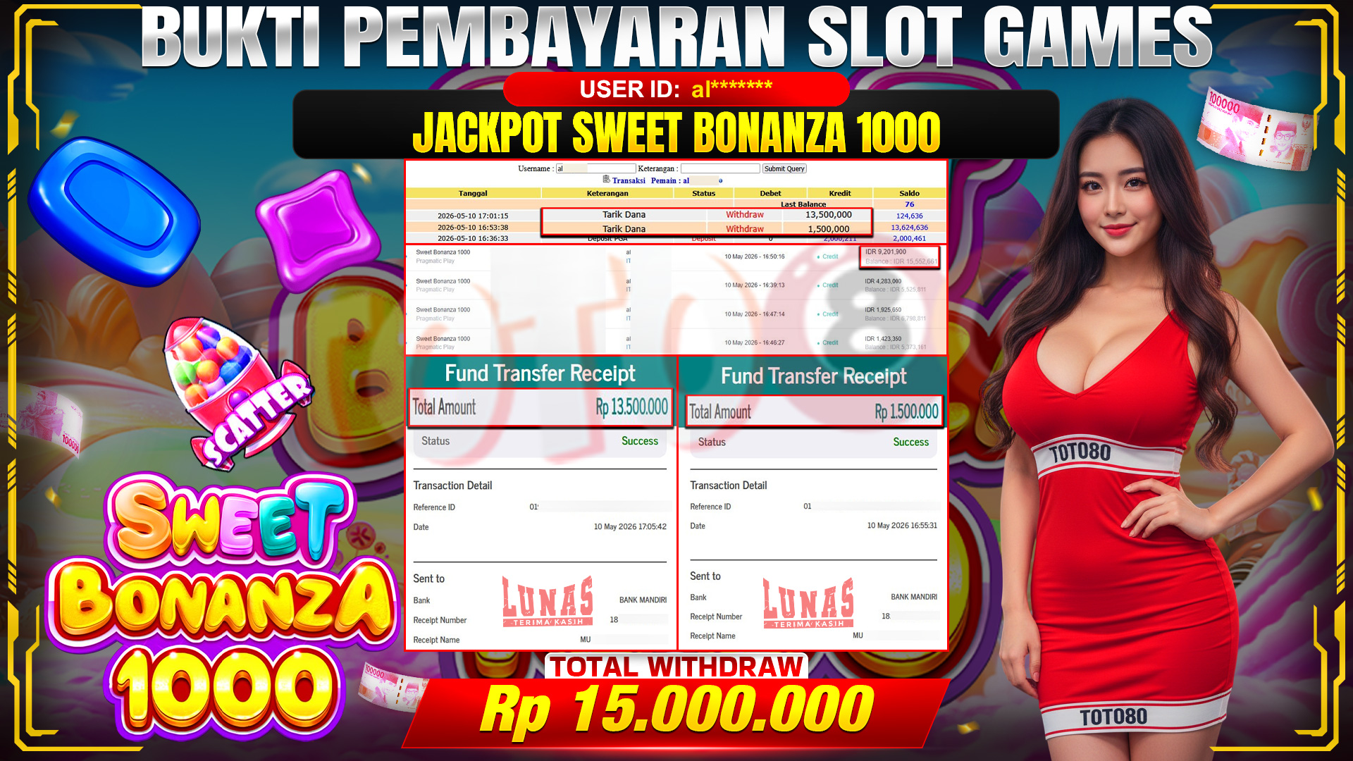 💰🎉  TOTO80 – JACKPOT SLOT SWEET BONANZA 1000 RP. 15,000,000,- TELAH DIBAYARKAN! 💰🎉 