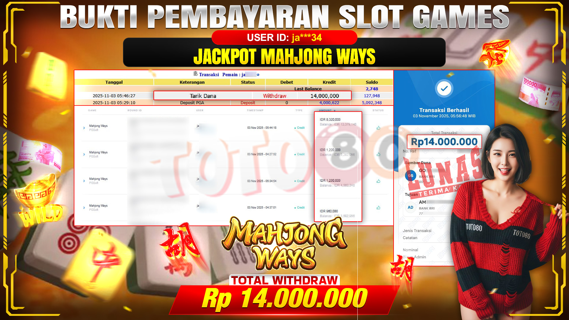 🎉 TOTO80 – JACKPOT SLOT MAHJONG WAYS RP.14.000.000,- TELAH DIBAYARKAN! 🎉