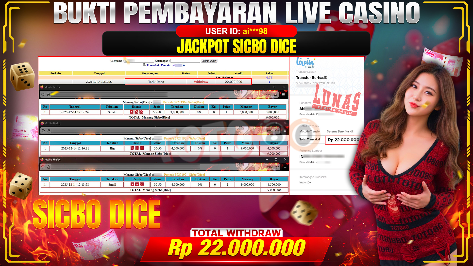 🎉 TOTO80 – JACKPOT SICBO DICE RP. 22,000,000,- TELAH DIBAYARKAN! 🎉