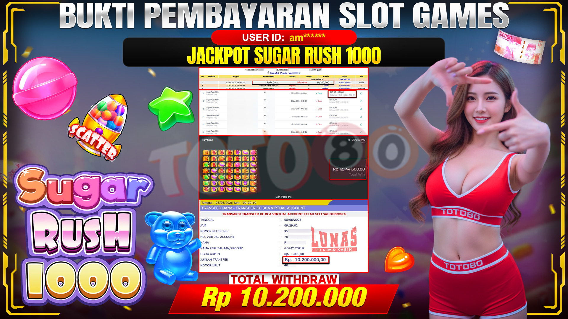 💰🎉 TOTO80 – JACKPOT SLOT SUGAR RUSH 1000 RP. 10,200,000,- TELAH DIBAYARKAN!💰🎉