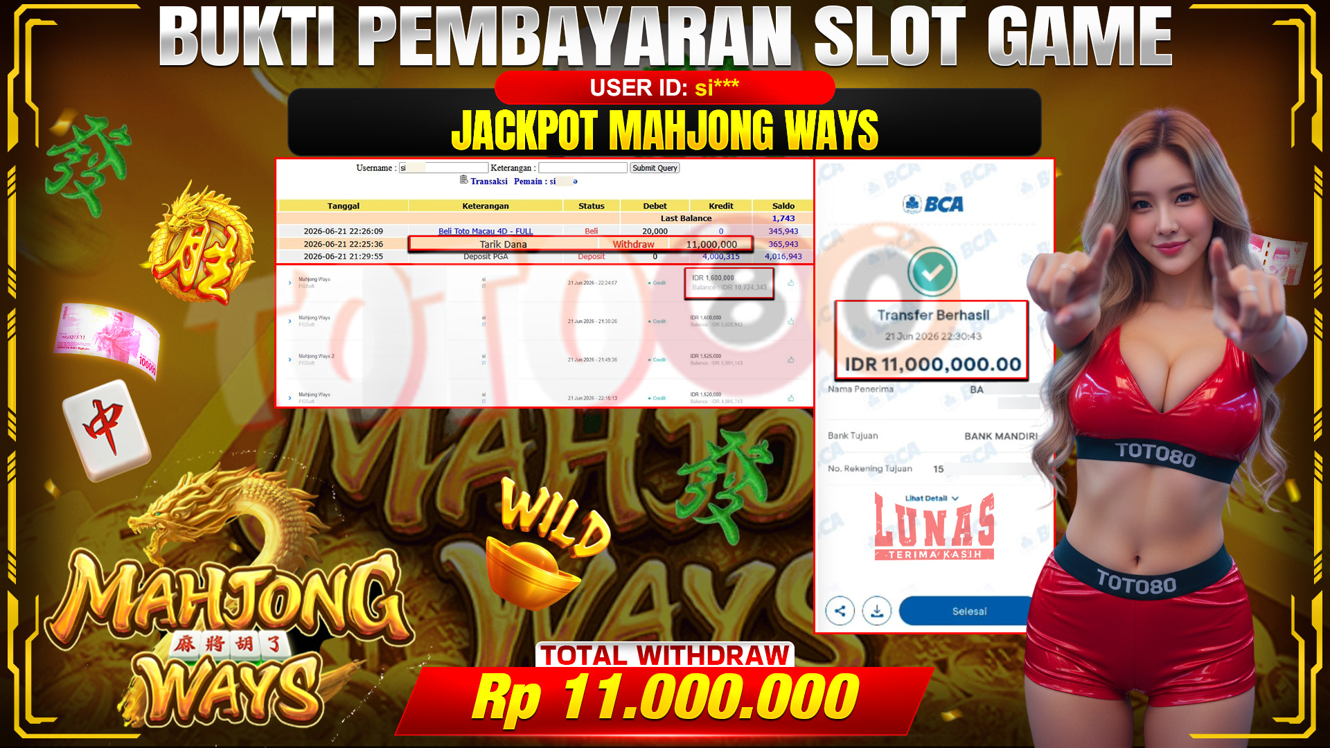 💰🎉 TOTO80 – JACKPOT SLOT MAHJONG  WAYS  RP. 11.000,000,-   TELAH DIBAYARKAN!💰🎉
