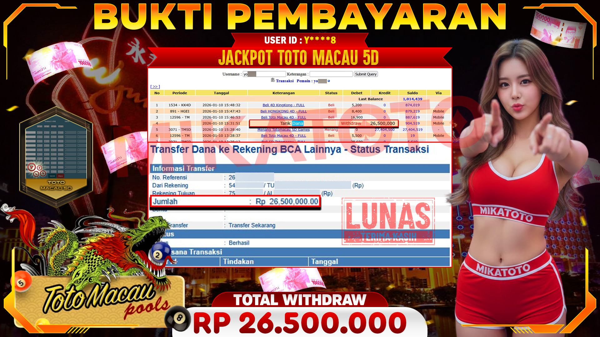 🏆 SELAMAT KEPADA PEMENANG JACKPOT DI Totomacau 5D Games - Togel 26,500,000🏆