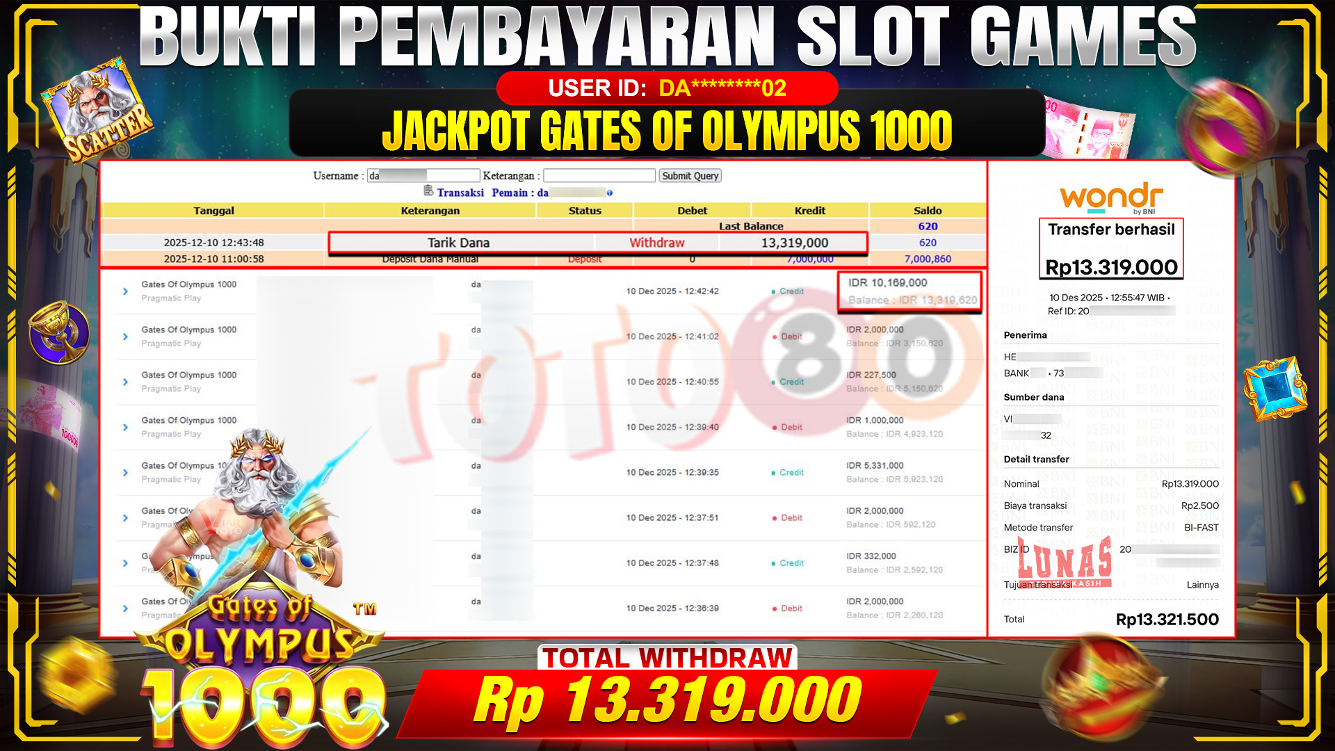 🎉 TOTO80 – JACKPOT SLOT GATES OF OLYMPUS 1000 RP. 13,319,000,- TELAH DIBAYARKAN! 🎉
