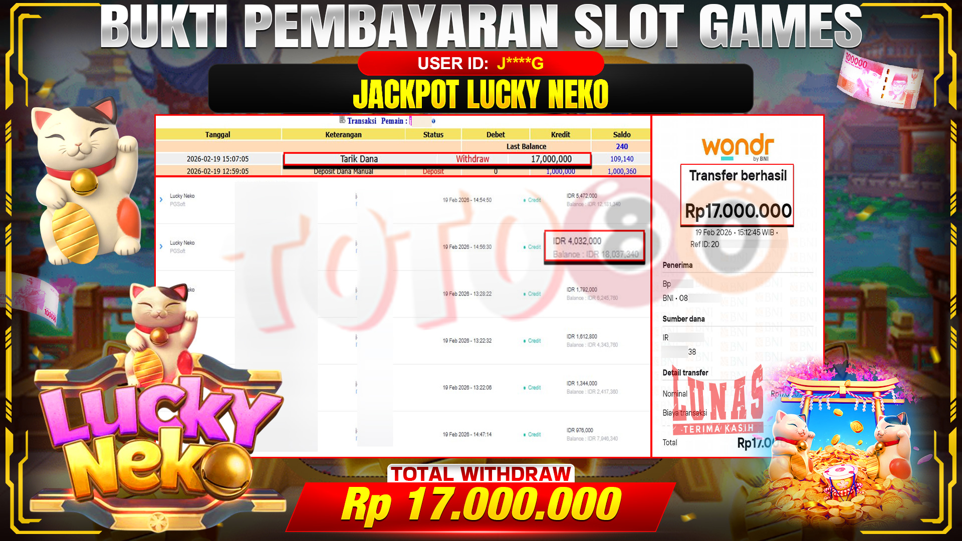 🎉 TOTO80 – JACKPOT SLOT LUCKY NEKO RP. 169,000,000,- TELAH DIBAYARKAN! 🎉