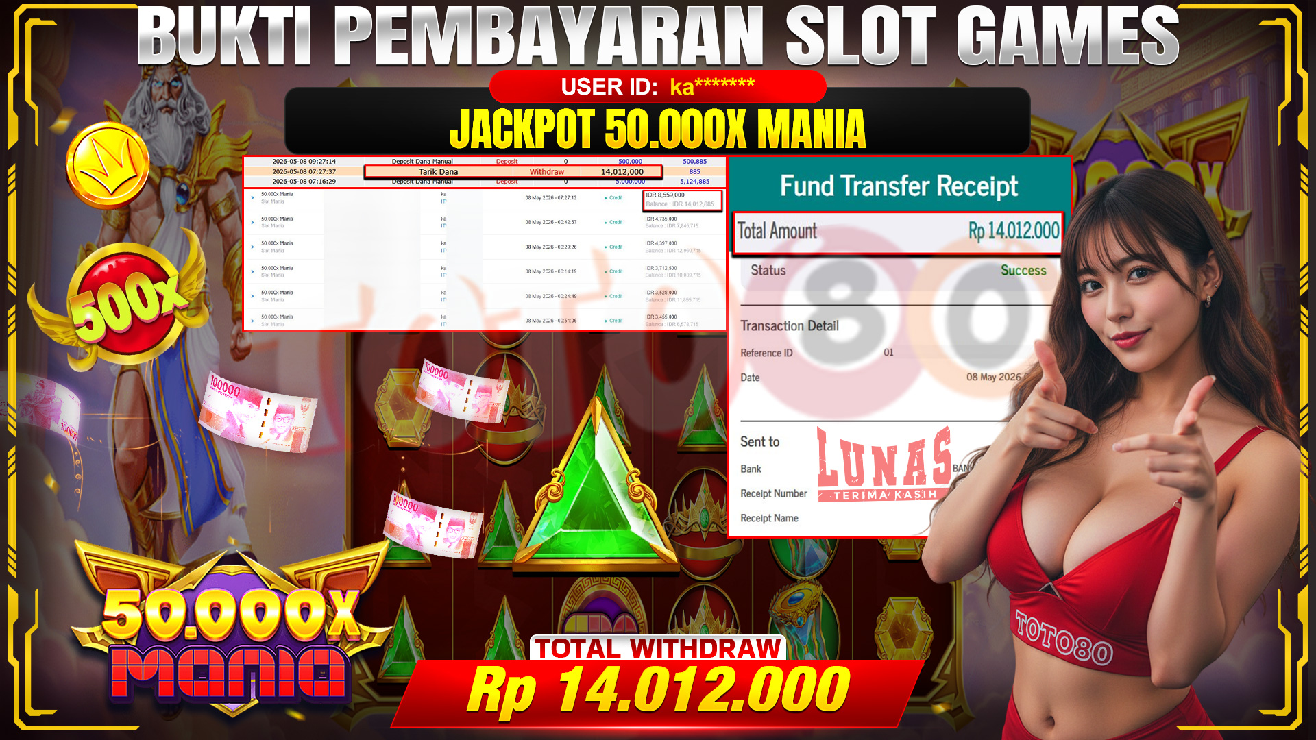 🎉 TOTO80 – JACKPOT SLOT 50.000X MANIA  RP. 14,012,000,- TELAH DIBAYARKAN! 🎉