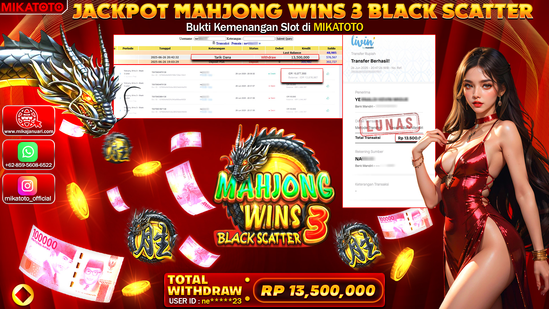 🏆 SELAMAT KEPADA PEMENANG JACKPOT DI Mahjong Wins 3 13,500,000 🏆