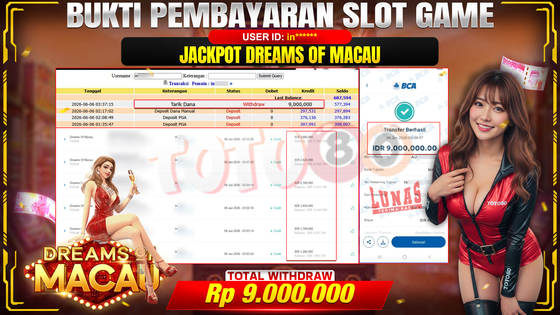 🎉 TOTO80 – JACKPOT SLOT DREAMS OF MACAU RP. 9,000,000,- TELAH DIBAYARKAN! 🎉