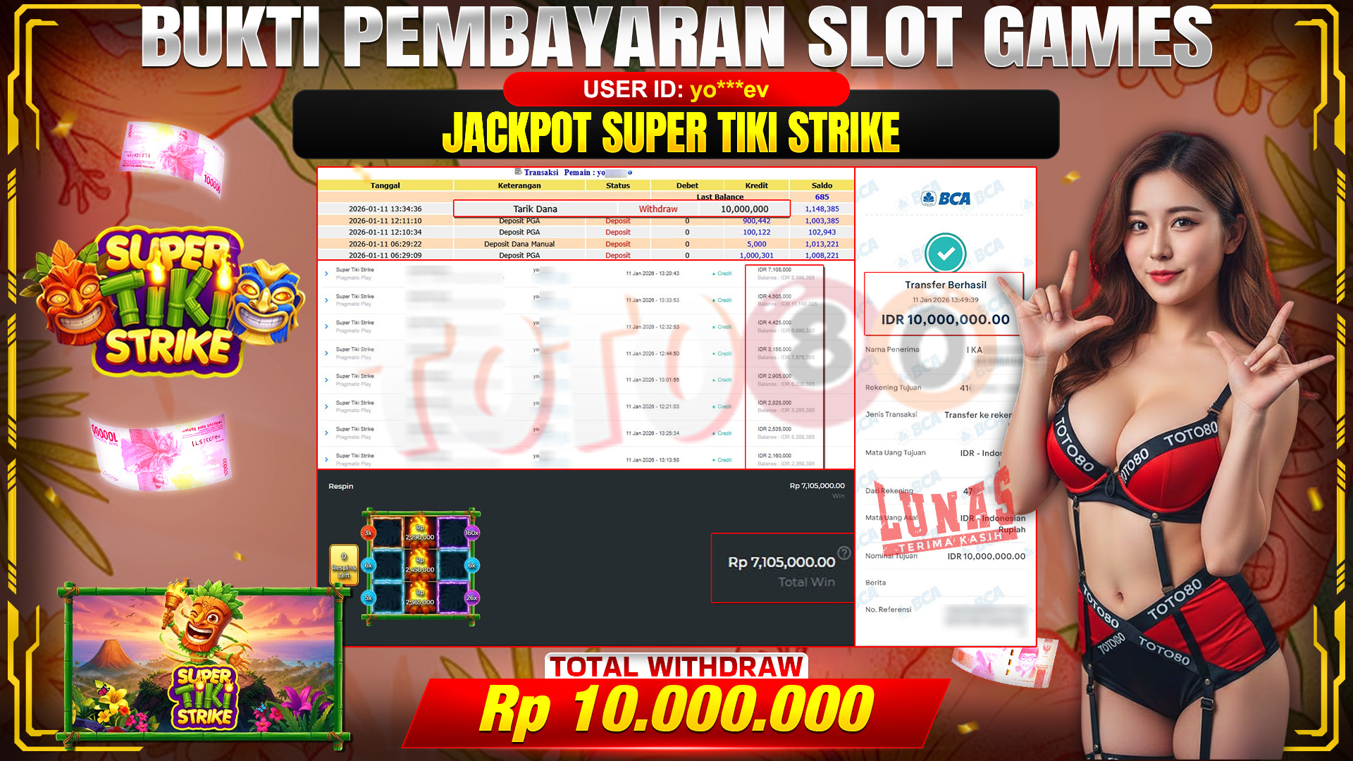 🎉 TOTO80 – JACKPOT SLOT SUPER TIKI STRIKE RP. 10,000,000,- TELAH DIBAYARKAN! 🎉