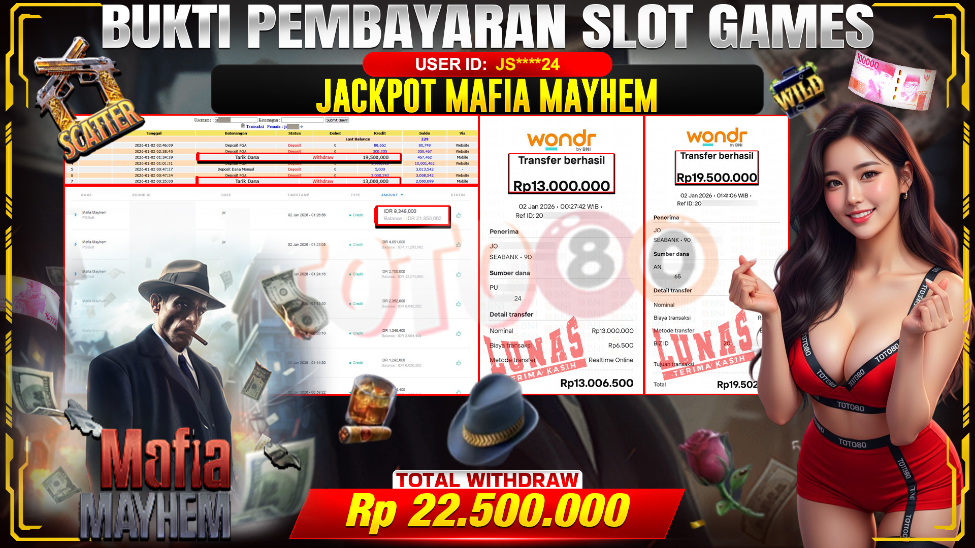 🎉 TOTO80 – JACKPOT SLOT MAFIA MAYHEM RP. 22,500,000,- TELAH DIBAYARKAN! 🎉