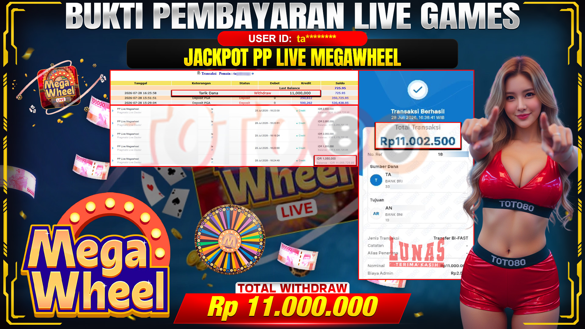 💰🎉 TOTO80 – JACKPOT  JACKPOT MEGA WHEEL RP. 11,000,000,- TELAH DIBAYARKAN!🎉💰