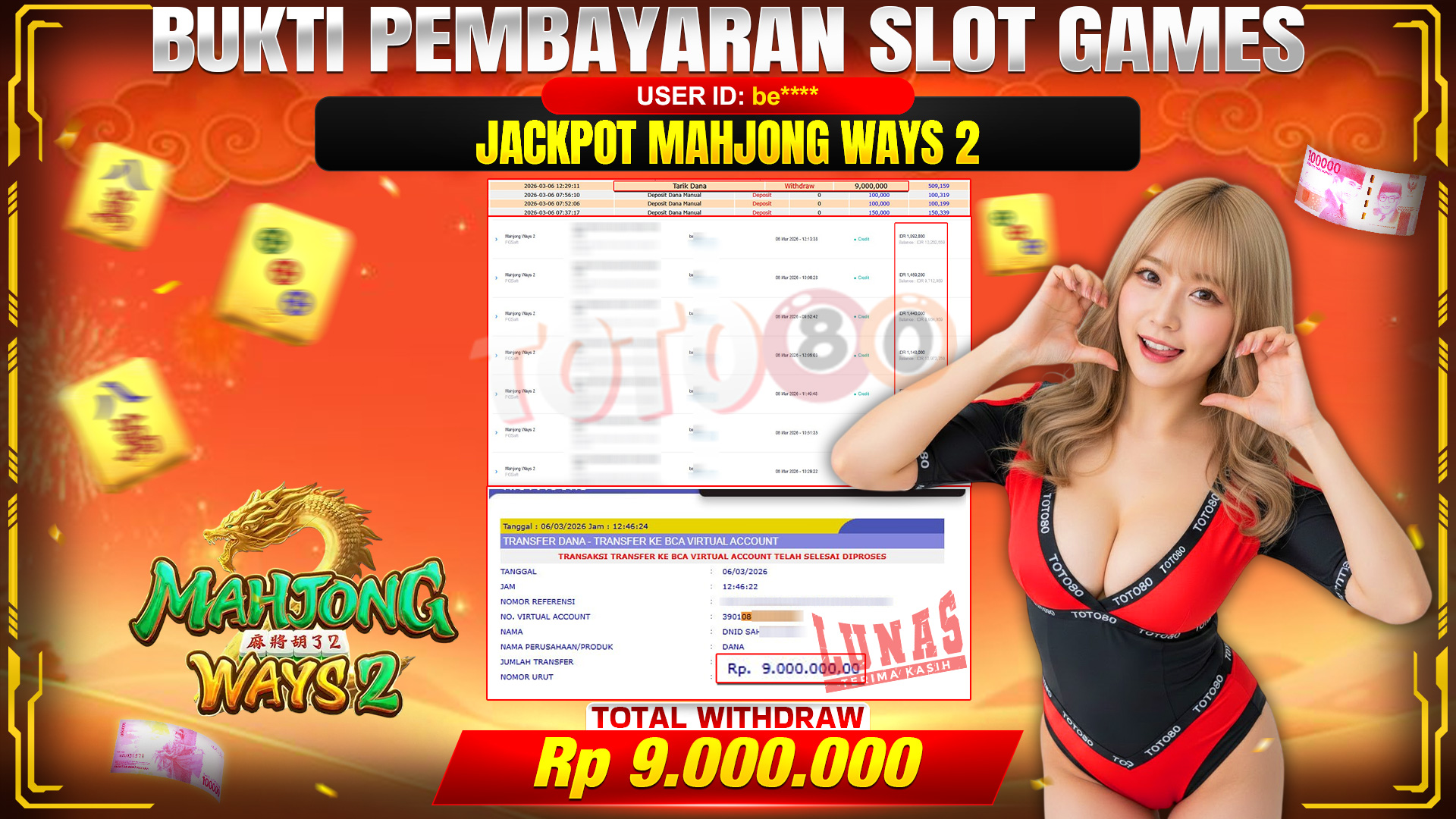 🎉 TOTO80 – JACKPOT SLOT MAHJONG WAYS 2 RP. 9,000,000,- TELAH DIBAYARKAN! 🎉