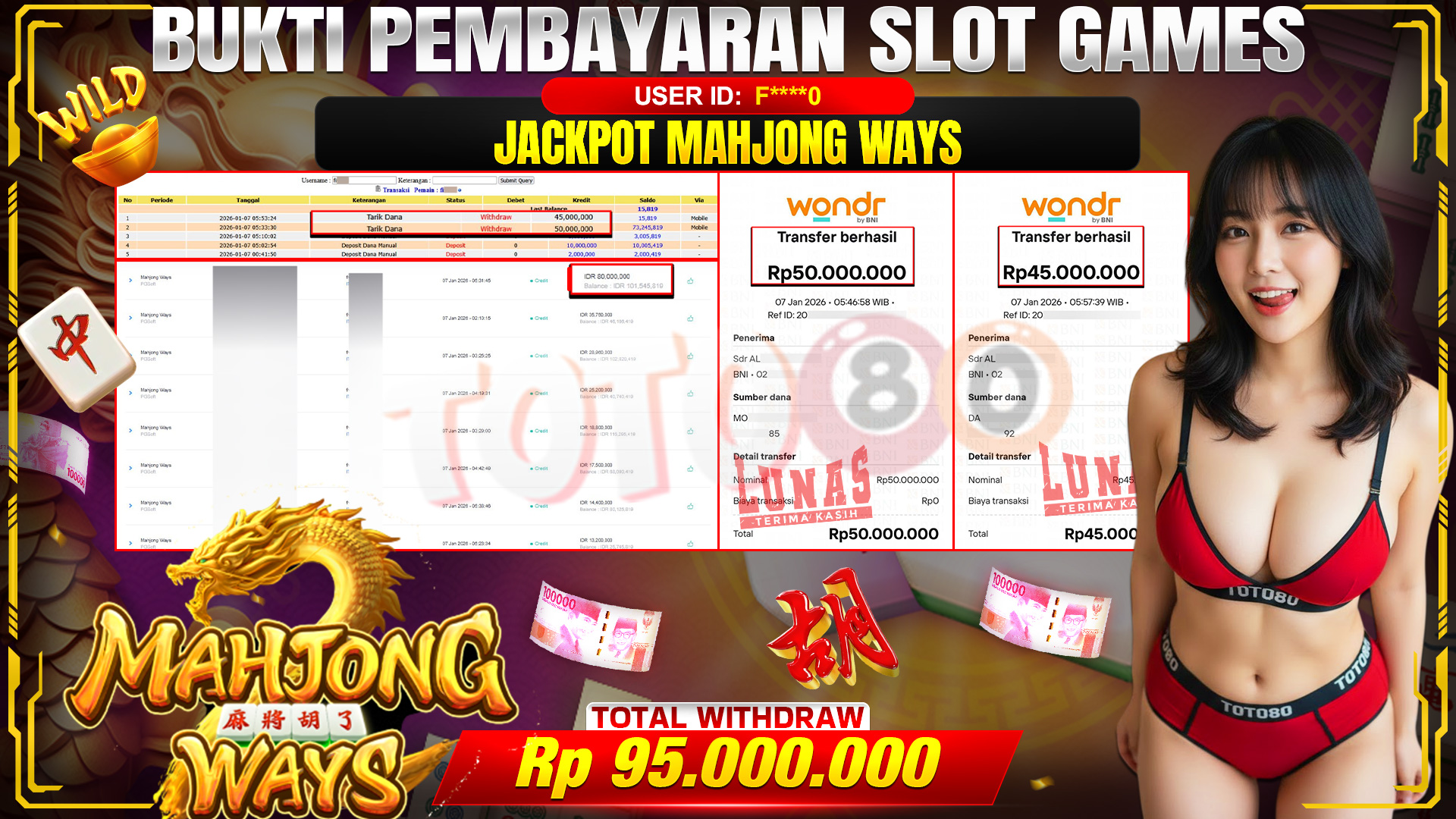 🎉 TOTO80 – JACKPOT SLOT MAHJONG WAYS RP.95,000,000,- TELAH DIBAYARKAN! 🎉
