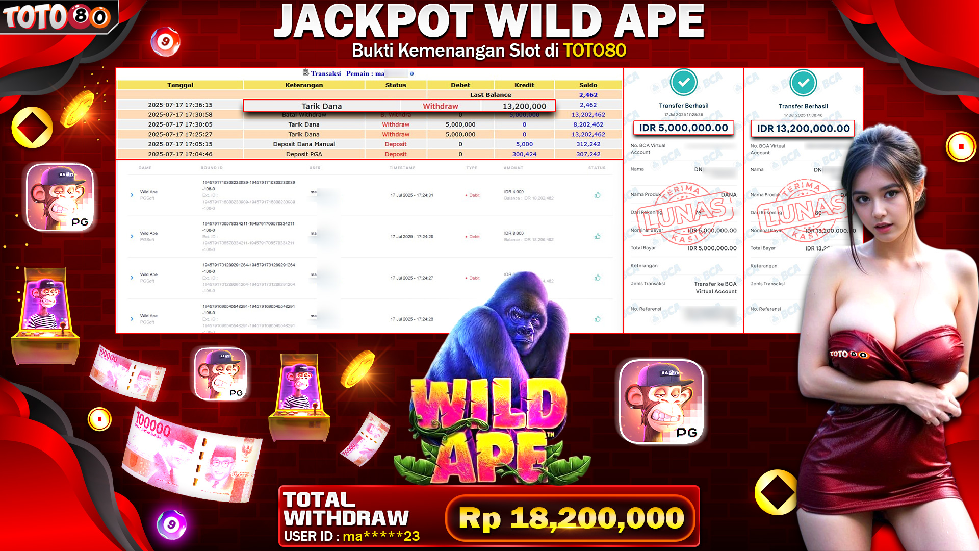 🎉 TOTO80 – JACKPOT SLOT WILD APE  RP.18,200,000,- TELAH DIBAYARKAN! 🎉
