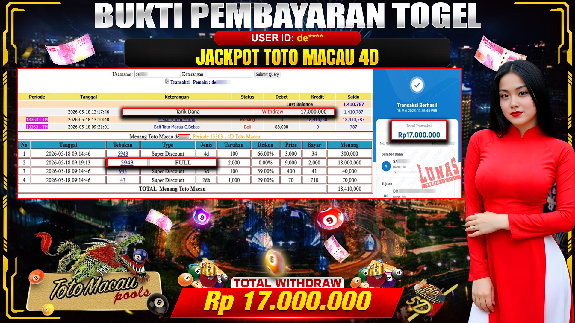 💰🎉 TOTO80 – JACKPOT TOGEL TOTO MACAU 4D RP. 17,000,000,- TELAH DIBAYARKAN!💰🎉