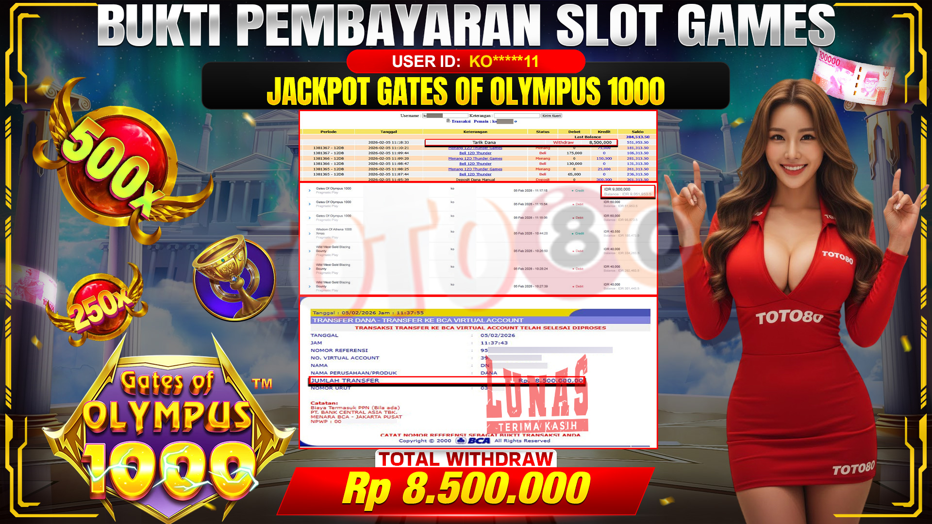 🎉 TOTO80 – JACKPOT SLOT GATES OF OLIMPUS 1000 RP. 8,500,000,- TELAH DIBAYARKAN! 🎉