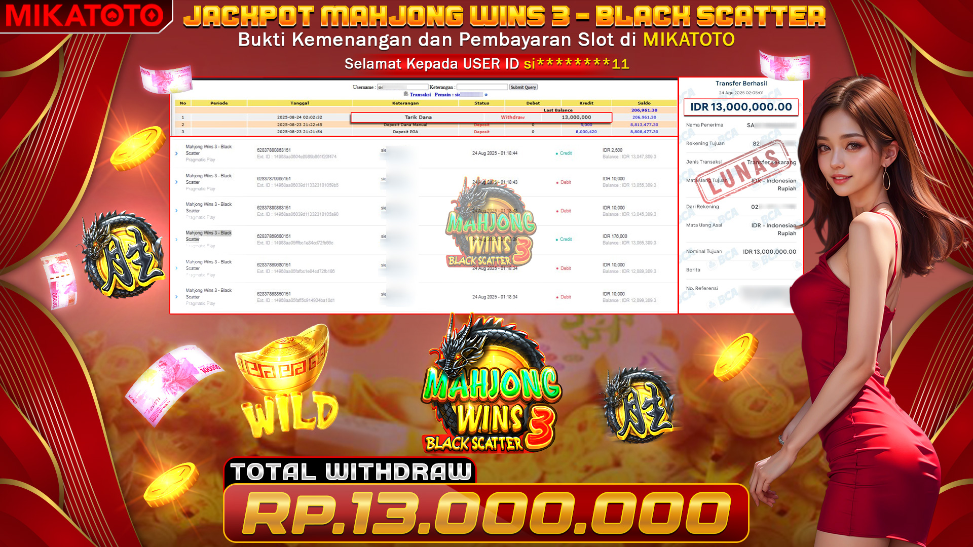🏆 SELAMAT KEPADA PEMENANG JACKPOT DI Mahjong Wins 3 - Black Scatter 13,000,000🏆
