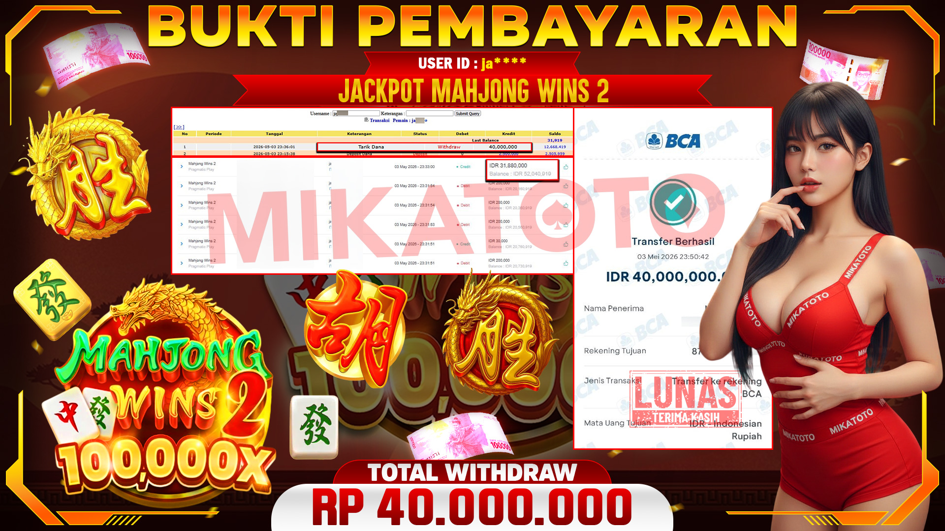 🏆 SELAMAT KEPADA PEMENANG JACKPOT DI Mahjong Wins 2 - Pragmatic Play 40,000,000🏆