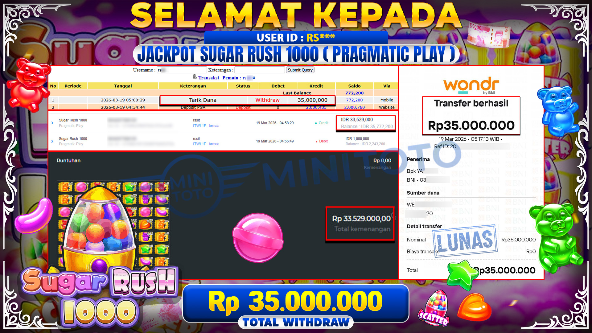 BUKTI JACPOT Sugar Rush 1000 - Pragmatic Play