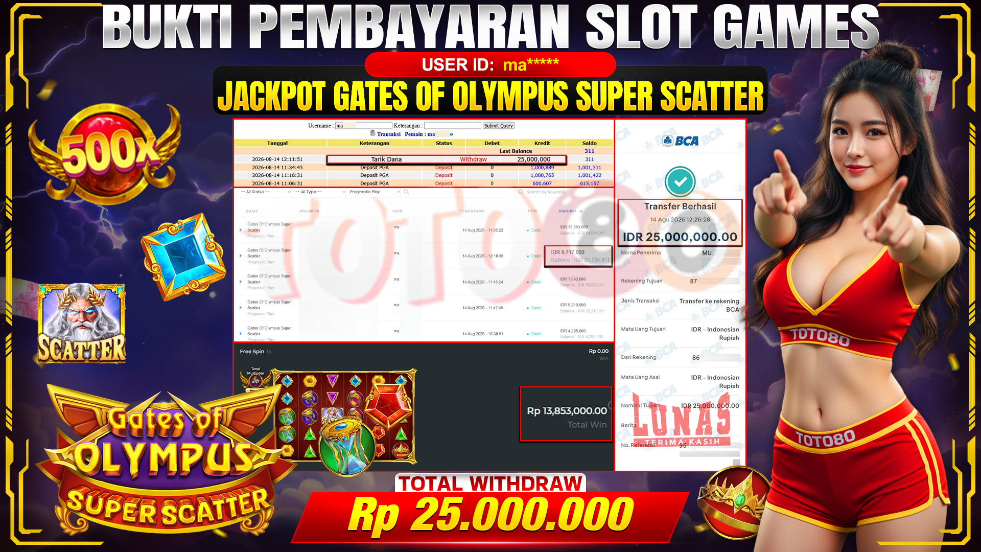 💰🎉 TOTO80 – JACKPOT SLOT GATES OF OLYMPUS SUPER SCATTER RP. 25,000,000,-  TELAH DIBAYARKAN!💰🎉