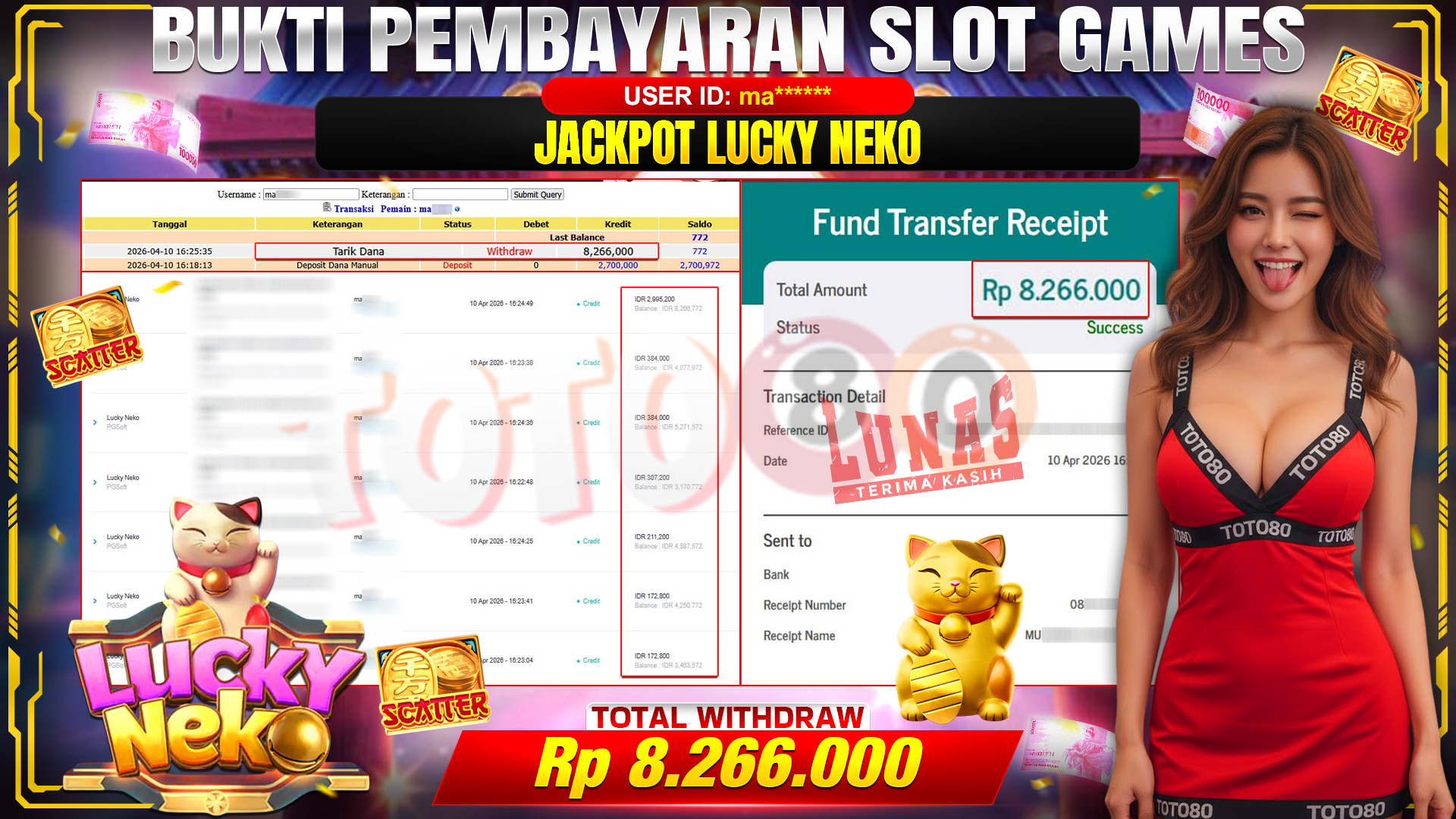 💰🎉 TOTO80 – JACKPOT SLOT LUCKY NEKO RP. 8,266,000,- TELAH DIBAYARKAN!💰🎉
