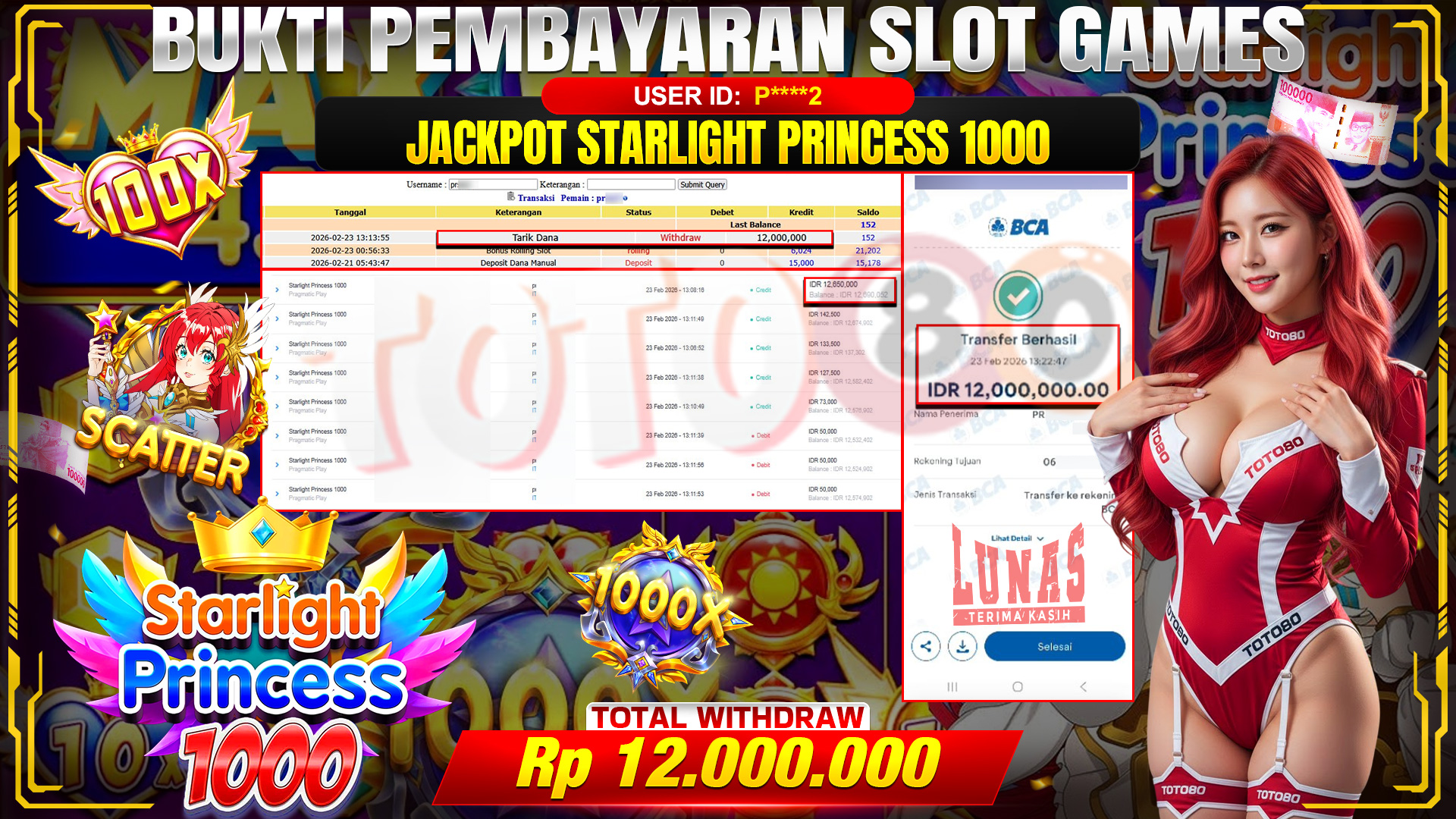 🎉 TOTO80 – JACKPOT SLOT STARLIGHT PRINCES 1000 RP. 12,000,000,- TELAH DIBAYARKAN! 🎉