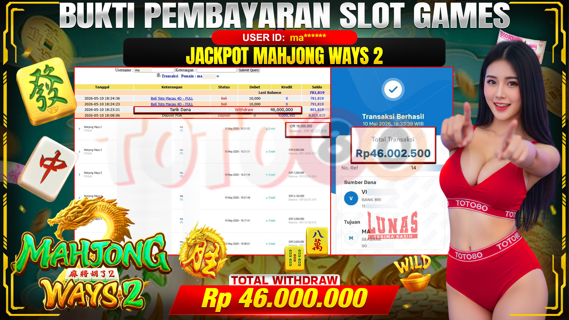 💰🎉 TOTO80 – JACKPOT SLOT MAHJONG WAYS 2 RP. 46,000,000,- TELAH DIBAYARKAN!💰🎉