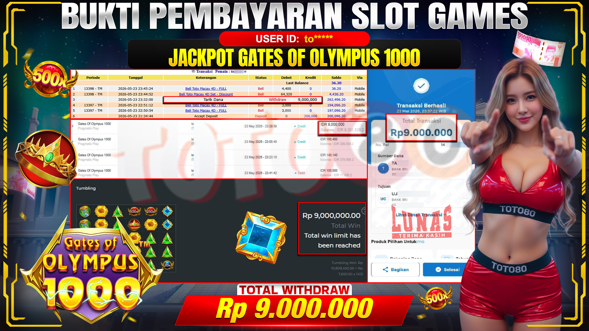 💰🎉 TOTO80 – JACKPOT SLOT GATES OF OLYMPUS 1000 RP. 9,000,000,-  TELAH DIBAYARKAN!💰🎉