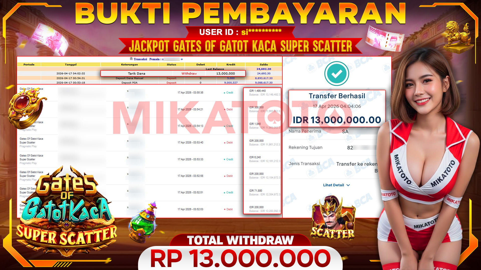 🏆 SELAMAT KEPADA PEMENANG JACKPOT DI Gates Of Gatot Kaca Super Scatter - Pragmatic Play 13,000,000🏆
