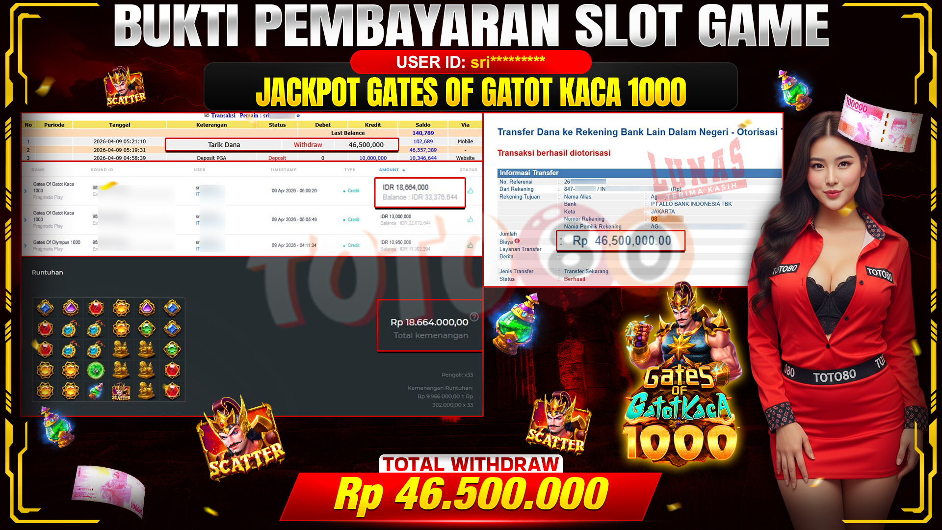 💰🎉 TOTO80 – JACKPOT SLOT GATES OF GATOT KACA 1000 RP. 46,500,000,- TELAH DIBAYARKAN!💰🎉