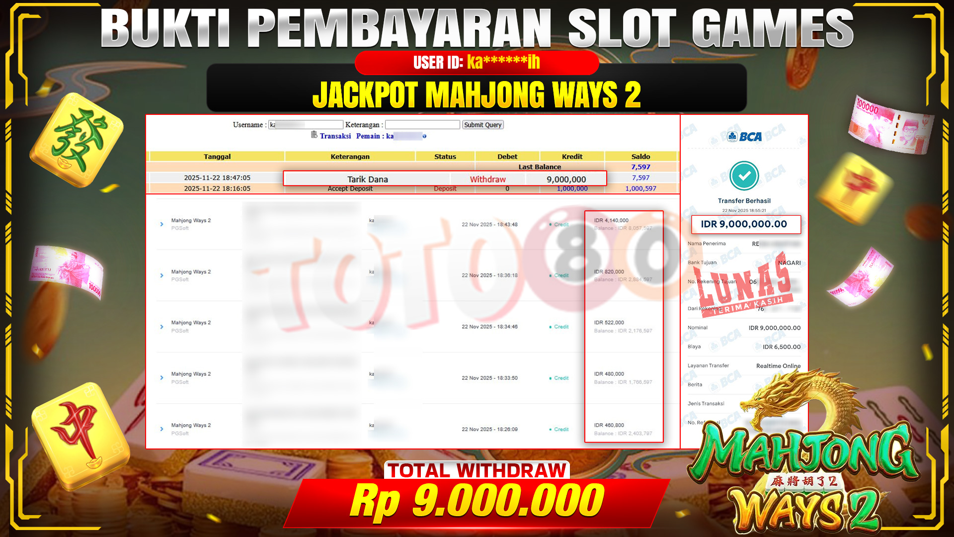 🎉 TOTO80 – JACKPOT SLOT MAHJONG WAYS 2 RP.9,000,000,- TELAH DIBAYARKAN! 🎉