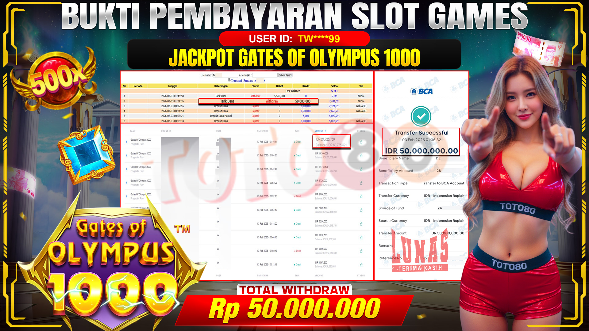 🎉 TOTO80 – JACKPOT SLOT GATES OF OLIMPUS 1000 RP. 50,000,000,- TELAH DIBAYARKAN! 🎉