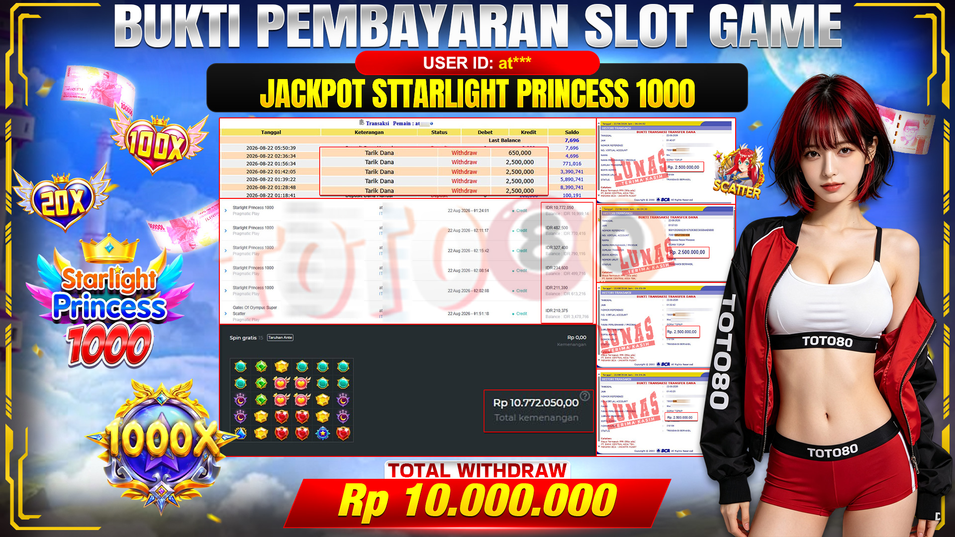 💰🎉 TOTO80 – JACKPOT SLOT STARLIGHT PRINCESS 1000 RP. 10.000.000,- TELAH DIBAYARKAN!💰🎉