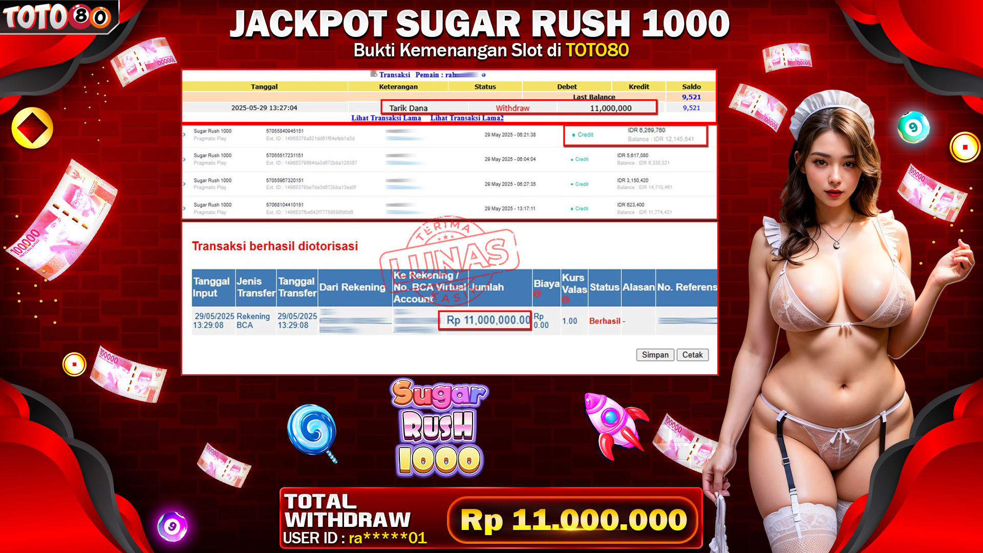 TOTO80 JACKPOT SLOT SUGAR RUSH 1000 RP 11.000.000,- LUNAS