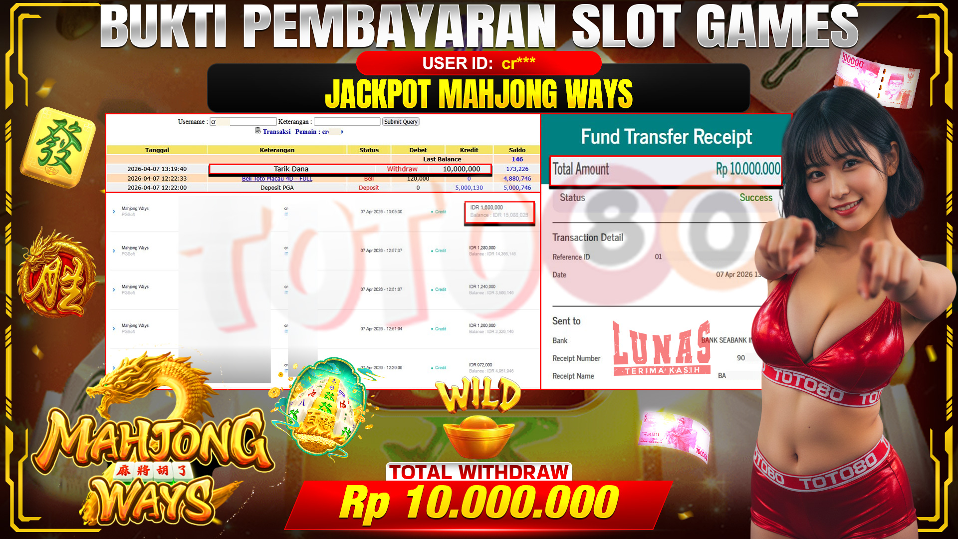 💰🎉 TOTO80 – JACKPOT SLOT MAHJONG WAYS  RP. 10,000,000,-   TELAH DIBAYARKAN!💰🎉